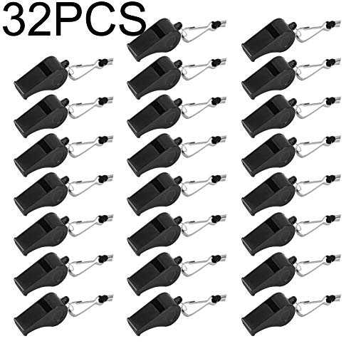 Kaqkiasiog 32 Pcs Black Plastic Loud Whistles with Lanyard for Referee Coaches Basketball