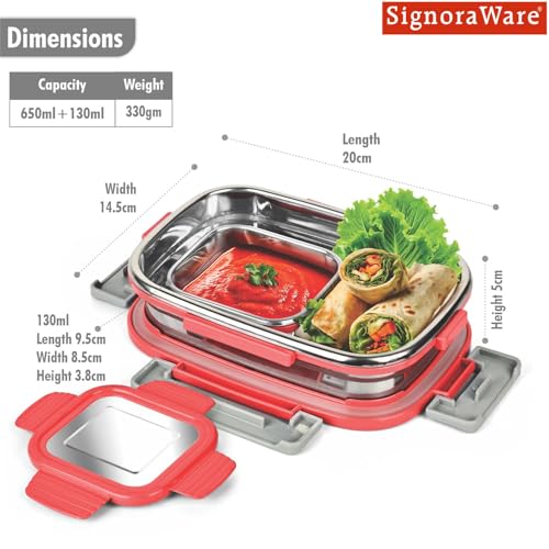 Image of SignoraWare Quickmeal Stainless Steel Small Lunch Box | Airtight & Leakproof | Portion Control | Easy to Carry | Ideal for Office, School, Kids & Travel (650ml + 130ml | Red)
