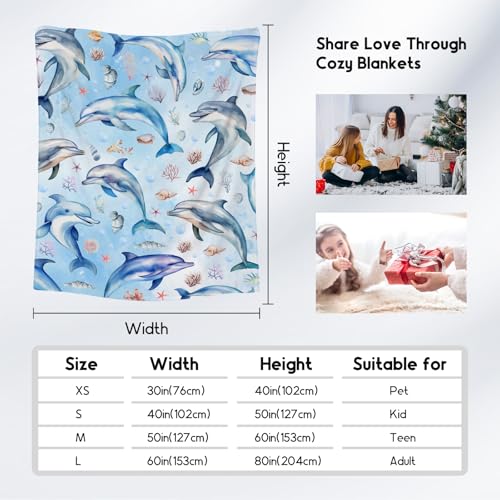 Dolphin Blanket for Girls Boys, Cute Soft Gifts for Ocean Lovers, Cozy Flannel Throw for Bed Travel, 50"x60"