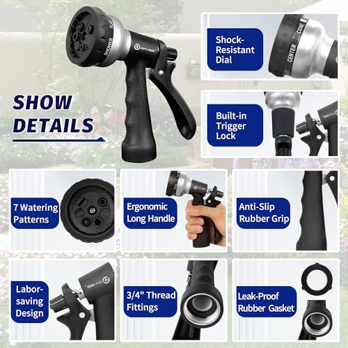 Image of AUTOMAN-Garden-Hose-Nozzle, 2 Pack ABS Water Spray Nozzle, 7 Adjustable Watering Patterns, Slip Resistant for Watering Plants, Lawn& Garden, Washing Car, Showering Pets & Outdoor Fun.Silver Color