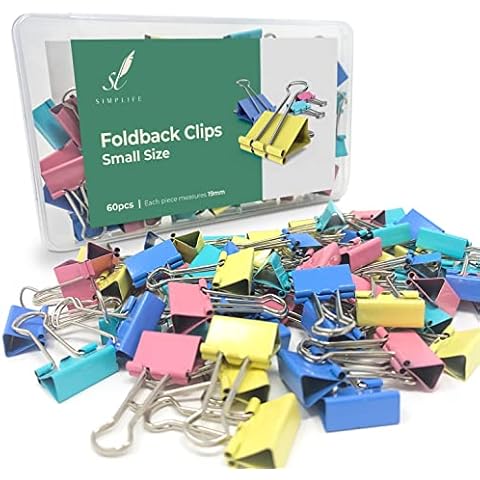 SIMPLIFE - 60 pcs Small Size Binder Clips - Assorted Colours Metallic Foldback Clips for Office, School, DIY (60pcs, Small Size - 19mm) Cover