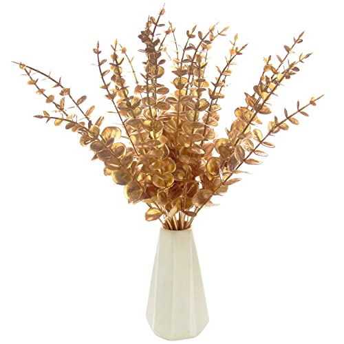 Image of Tinsow 26pcs Artificial Eucalyptus Stems Gold Faux Eucalyptuses Branch Real Touch Leaf Wedding Bouquet Minimalist Fall Home Decor