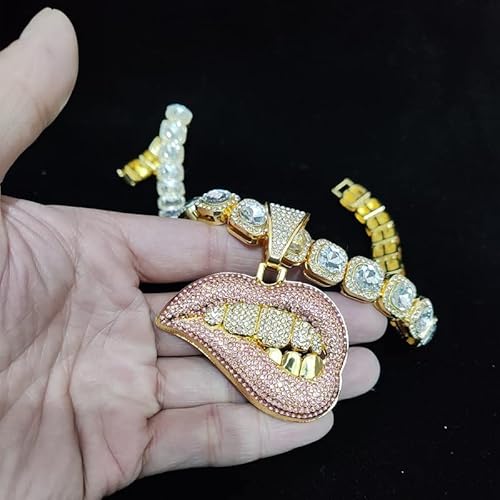 Huyhoat Men Women Hip Hop Bite Lip Shape Pendant Necklace With 13Mm Crystal Chain Iced Out Bling Hiphop Necklaces Fashion Charm Jewelry Am69A (Gold 2-20Inch) #TOP5