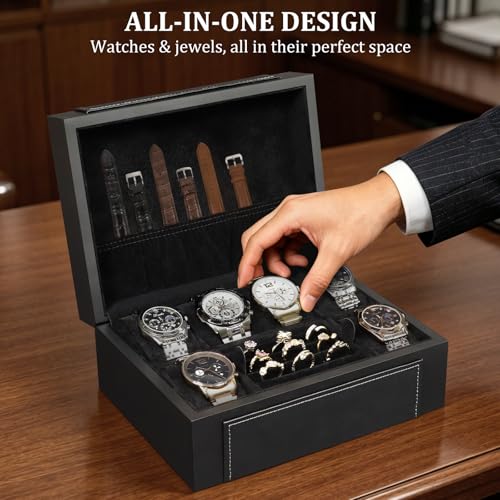 Image of KAMIER Watch Box for Men, 6-Slot High End Wooden Watch Case with Jewelry Organizer, Watch Box Holder Organizer for Men Women, Watch Storage Box with Soft Velvet Pillows, Ideal for Gift