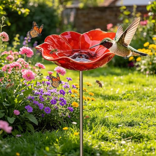 PYSUG 1 PC Metal Bird Bath with Flower Garden Stakes for Outdoor Yard Patio