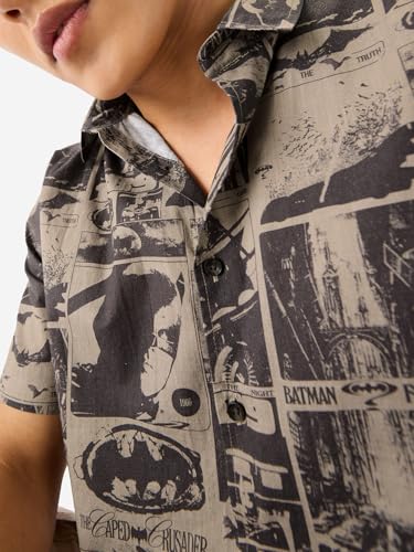 Image of The Souled Store Official Batman: 1989 Men and Boys Short Sleeve Collared Neck Button Down Grey All Over Print Cotton Summer Shirts
