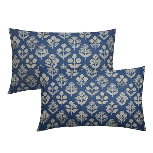 Sivirary Blue Pillow Covers 12x20 Inch Set of 2, Cream Floral Block Print Pattern Lumbar Decorative Throw Pillowcases Outdoor Farmhouse Rectangle Cushion Covers Spring Summer Sofa Couch Bed Decor