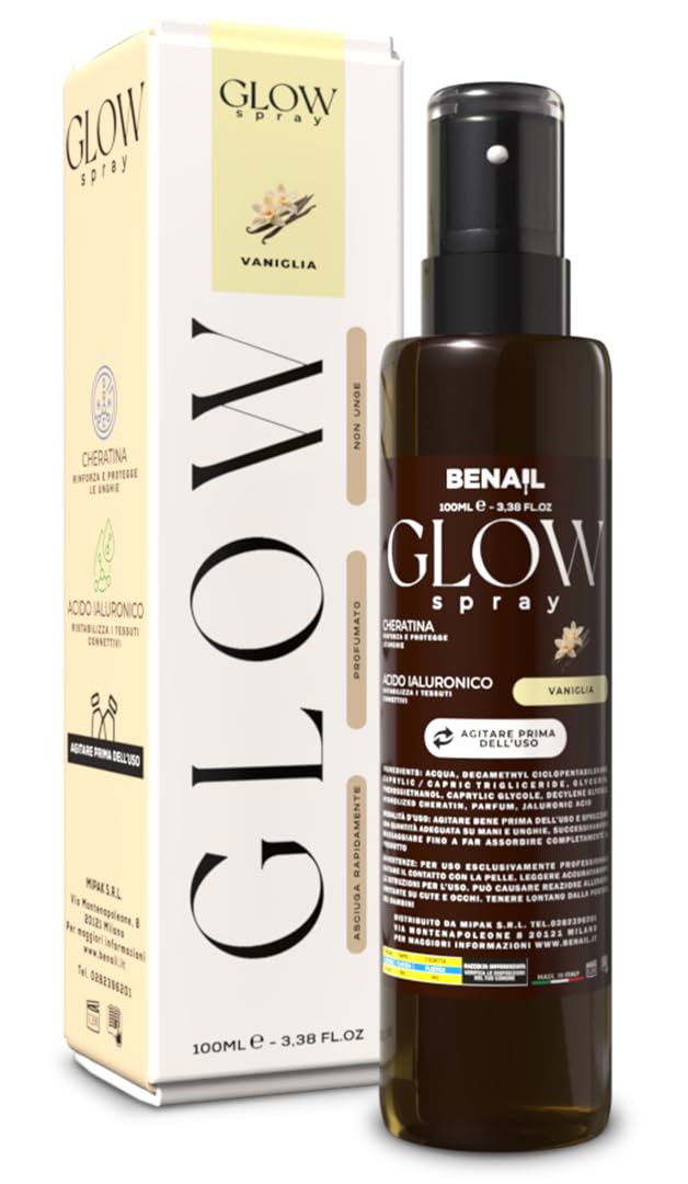 Benail | Glow Spray Idratante Mani e Unghie con Acido Ialuronico e Cheratina, crema mani antiage, Trattamento Cuticole Profumato, lentivo, idratante con Asciugatura Rapida, Made in Italy