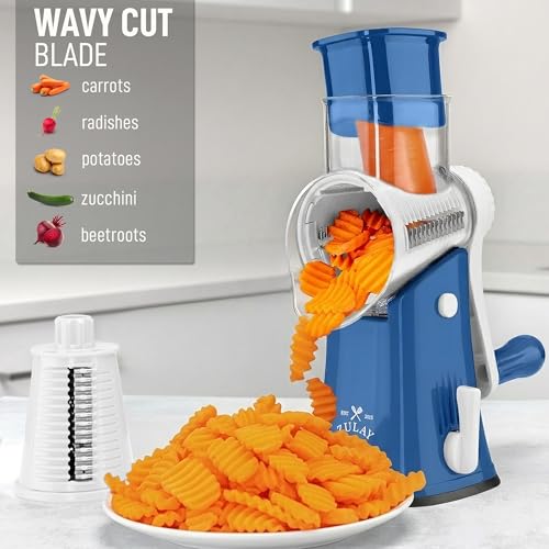 Image of Zulay Kitchen Rotary Cheese Grater 5 Blade Cheese Shredder - Manual Hand Crank Cheese Grater With Reinforced Suction & 5 Interchangeable Drums - Easy to Use, Vegetable Chopper Round Mandoline Slicer