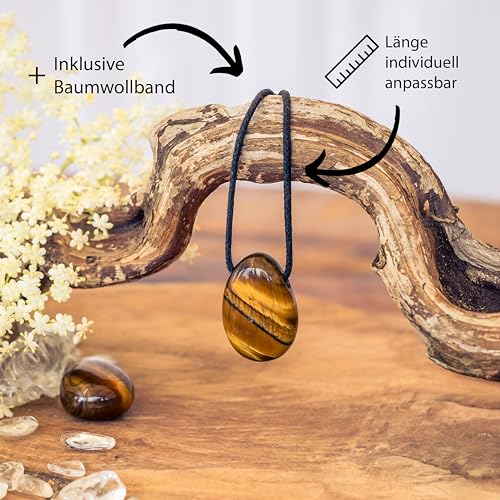 Lebensquelle Plus Tigerauge Tropfenanhänger | Gebohrter Trommelstein Tropfen Anhänger mit Baumwollband | Hochwertiger Edelsteinanhänger