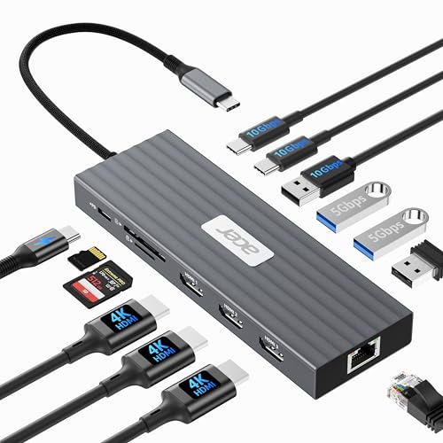acer USB C Docking Station 3 HDMI 4K@60Hz, 13IN1 Triple Display Hub mit 10Gbps USB-A+2C, 5Gbps USB-A, 1Gbps Ethernet, 100W PD, SD/TF Kartenleser Adapter, für Surface,MacBook Pro,Dell,Laptop usw.