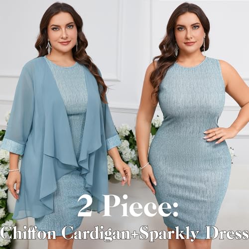 Image of ZOMVA Plus Size Sparkly Formal Dress Suit 2 Piece Mother of The Bride Groom Chiffon Jacket Outfit Cocktail Evening