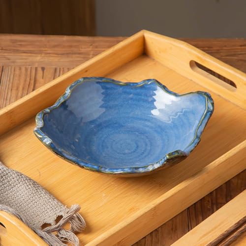 Amitofo 8\" Small Ceramic Decorative Bowl 1 Pice – Irregular Rim Reactive Glaze Candy Bowl, Berry Bowl, Entryway Catchall, Japanese Style Fruit Dish for Tabletop or Home Decor (Blue)