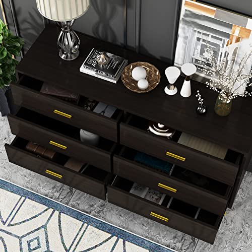 Hitow 6 Drawer Dresser Double Dresser For Bedroom，Modern Wide Dressers With Metal Legs, Home Office Storage Dresser, Chest Of Drawers For Living Room, Black Brown B (54" W X 15.6" D X 30.1" H) #TOP2