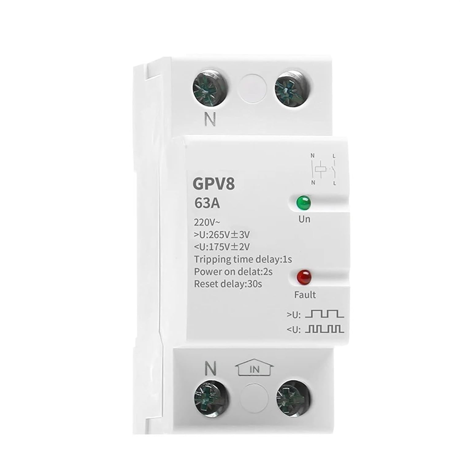 GPV8-63 2Pole Din Rail Automatic Recovery Over and Under Voltage Protective Device 40A 63A 220VAC 1Pcs(GPV8-D 2P 220V,40A)