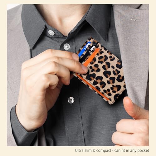 Image of Oak Leathers Leather Slim Minimalist Wallet for Men & Women RFID Front Pocket Leather Card Holder Wallets (Small Leopard)