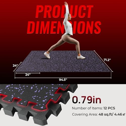 Image of SUPERJARE 0.79'' Extra-Thick Exercise Equipment Mats, 12 Pcs 48 Sq Ft Rubber Top Floor Tiles with High Density EVA Foam, Interlocking Gym Flooring for Home Gym, Protective Workout Mat, Black /Purple