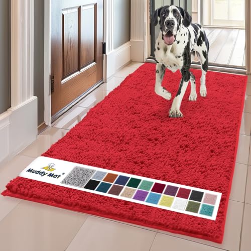 Image of Muddy Mat | Super Absorbent Door Mat Indoor, Microfiber Quick Dry Chenille Entryway Rug, Non-Slip Front Door Mat, Indoor Mats for Entryway, Machine Washable Pet Rug, Red 24 inch x 96 inch
