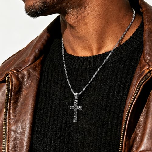 Image of 925 Sterling Silver Cross Necklace Men - Hammered Oxidized Cross Pendant Religious Vintage Unique Crucifix Jewelry Gifts for Him Christian Christmas Birthday