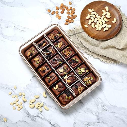 GT Brownie Pan with Dividers, 18-Cavity and 12 by 8 inches, Non-Stick Divided Brownie Tin for Baking /Precut Brownie Tray for Professional Slices, Carbon Steel (Champagne Gold)