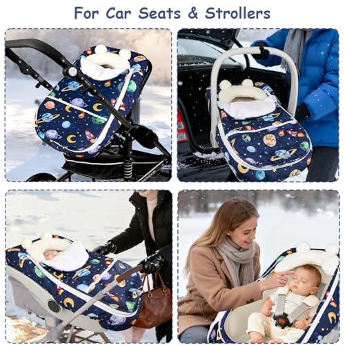 Image of Pea Pod Winter Car Seat Cover for Baby, Infant Car Seat Canopies Cover for Newborn, Warm Plush Fleece Inner Protect Baby from Cold Wind, Space Pattern