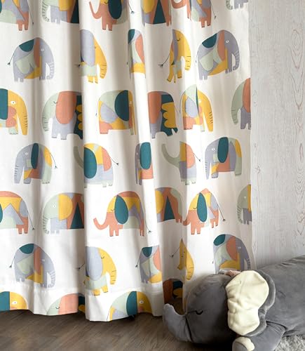 Image of Tranquebar Curtain Co. Kids Room Curtain, Cotton Curtains, 60-65% Room Darkening, Multicolor Elephant Print, Window Curtains 5 Feet, BackTab Loops, Design APU (152 cm) - Set of 2
