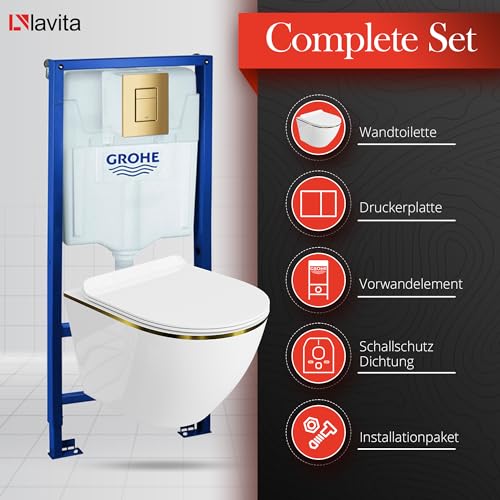 LAVITA Vorwandelement Solido + Wand Hänge WC Sofi Slim Gold Line Spülrandlos + + WC Sitz mit Absenkautomatik Goldener Knopf Komplettset Unterputz Spülkasten Toilette Komplett Sett WC – Bild 4