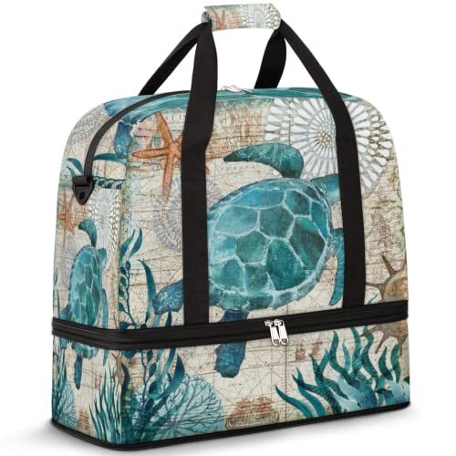 Vintage Sea Ocean Animal Turtle Foldable Travel Duffel Bag Tote Carry on Luggage Sport Duffle for Women Men Gym Bag Overnight Weekender Bags with Shoe Compartments and Shoulder Strap