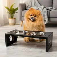 Comedouro Elevado Duplo para Pets Pequenos, Base em Alumínio com Pintura Eletrostática, Tigelas Removíveis em Aço Inox, Pés Antiderrapantes (PRETO)