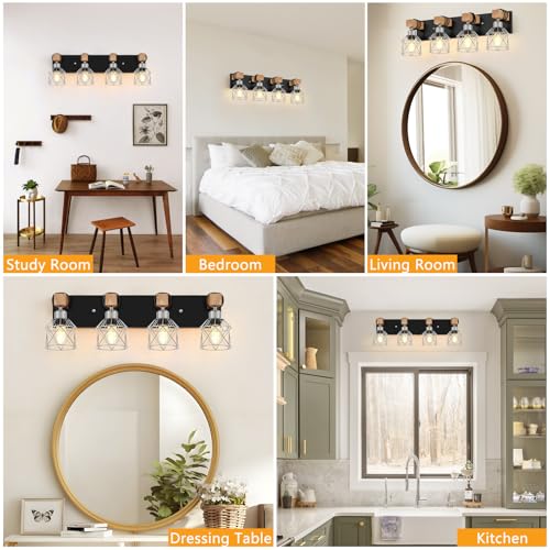 Image of FadimiKoo Farmhouse Vanity Light for Bathroom, 4-Light Rustic Wood Black Bathroom Light Fixtures with Elegant Silver Metal Cage, Vintage Vanity Lights Over Mirror for Living Room Bedroom Hallway
