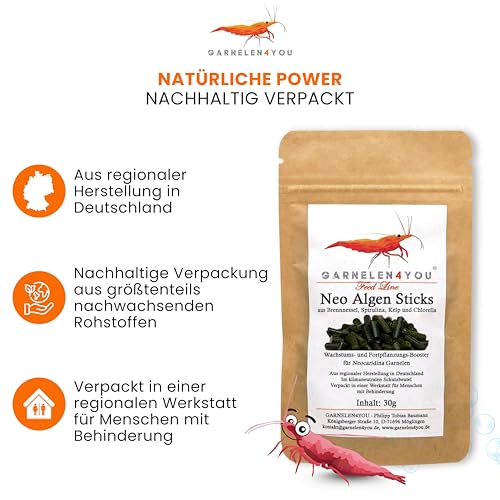 GARNELEN4YOU® Neo Algen Sticks – Wachstums- & Fortpflanzungs-Booster für Neocaridina Garnelen – Premium Garnelenfutter – nachhaltige Verpackung – Made in Germany – 30 g