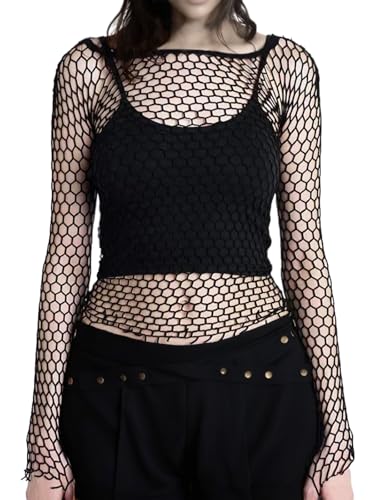 Honeycomb Mesh Long Sleeve Tops Tight Fitting Hex Fishnet Blouse T Shirts for Rave Women Men (US Alpha One Size Regular Regular Black)