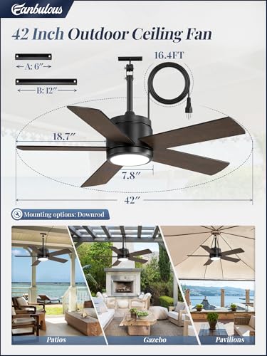 42 In Outdoor Ceiling Fan Hanging Fan Outdoor Ceiling Fans, Waterproof, with Light, Remote, 42 In, Wet Rated, IP65, 6 Speed, 3CCT, Plug in, for Patios, Porch, Gazebo, Black - Image 6