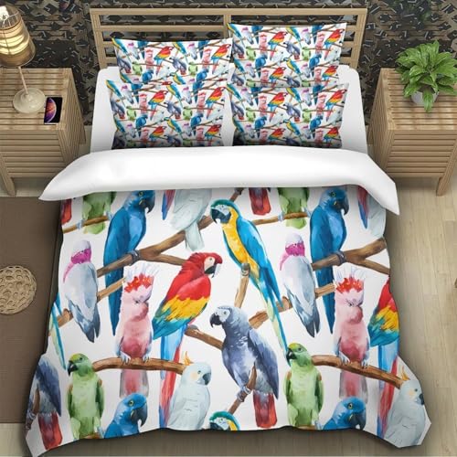 Housse couette fermeture éclair pratique parure lit microfibre 3D perroquets