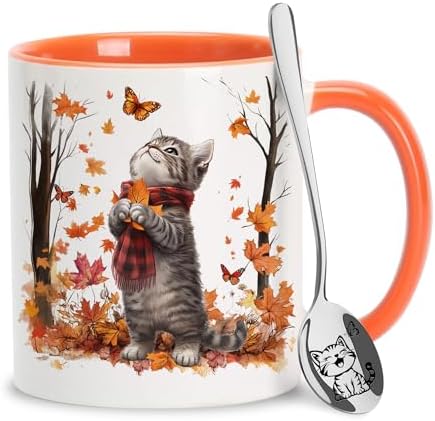 Hyturtle Fall Cat Maple Leaves Coffee Mug with Spoon, Birthday Gi...
