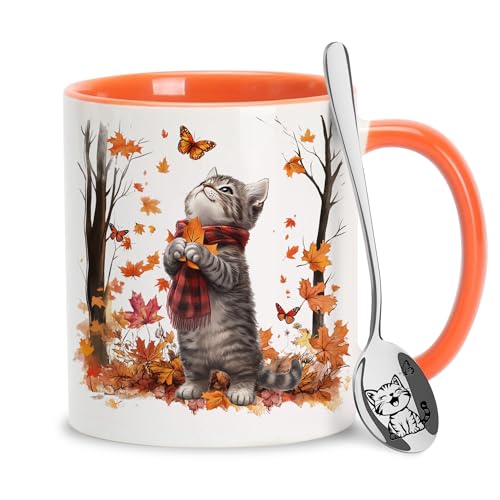 Hyturtle Fall Cat Maple Leaves Coffee Mug with Spoon, Birthday Gi...