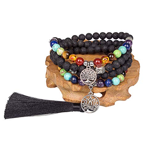 Addmluck Mala Beads,Men Women 8mm Lava Rock 7 Chakra Aromatherapy Essential Oil Diffuser Bracelet Tassel Natural Stone Yoga Beads Bracelet Necklace (Lava Rock,Lotus Flower)