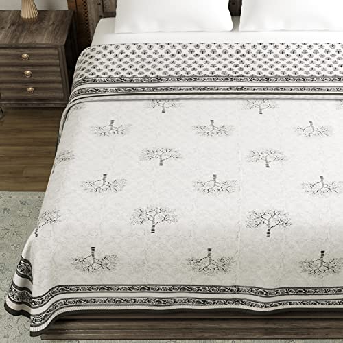 Image of BLOCKS OF INDIA 100% Cotton Dohar King Size Reversible Hand Block Printed Malmal Summer Dohar /Blanket (Grey Tree)