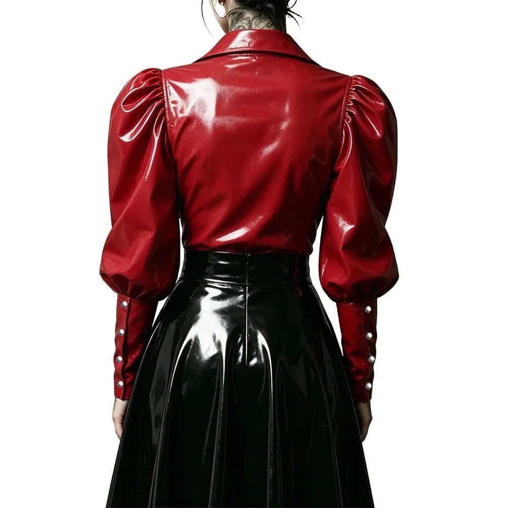 Punk PVC Lederhemd Reverskragen Top Knopfleiste Bluse Streetwear