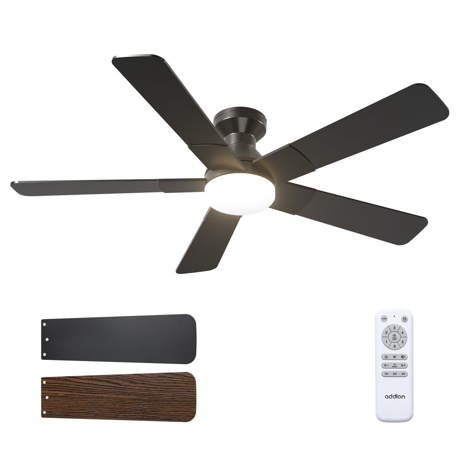 Photo 1 of addlon Ceiling Fans with Lights, 52 inch Low Profile Ceiling fan with Light and Remote Control, Flush Mount, Reversible, 3CCT, Dimmable, Noiseless, Black Ceiling Fan for Bedroom, Indoor/Outdoor Use
