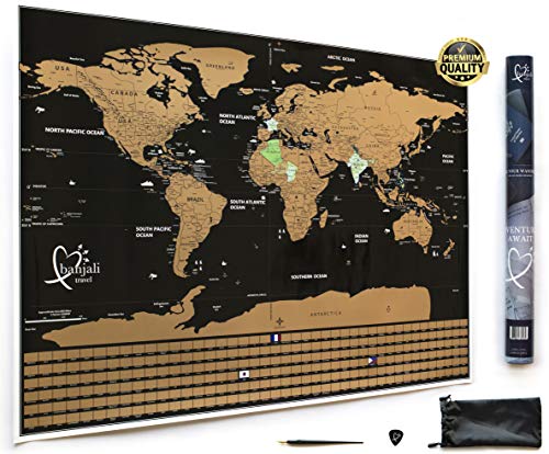 Scratch Off Travel World Map by Banjali Travel with Country Flags - Frameable Poster - Includes a Guitar Pick, Pen Scratcher and Tube - 33 x 24 inches
