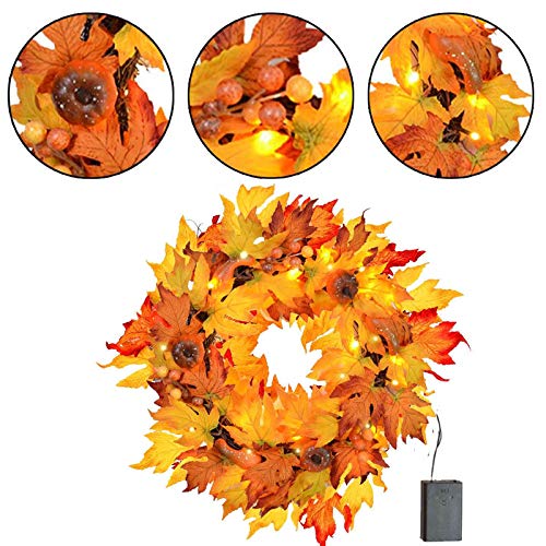 image for MorTime Thanksgiving Wreath with LED Lights Pumpkin Pinecones Red Berr