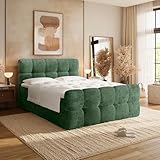 BROMARKT Boxspringbett mit Topper 160x200 Dunkelgrün Polsterbett mit Matratze Boxbett Doppelbett mit Bettkasten Betten für Schlafzimmer Bed Bett mit Stauraum Bettgestell Kopfteil Squares Duo