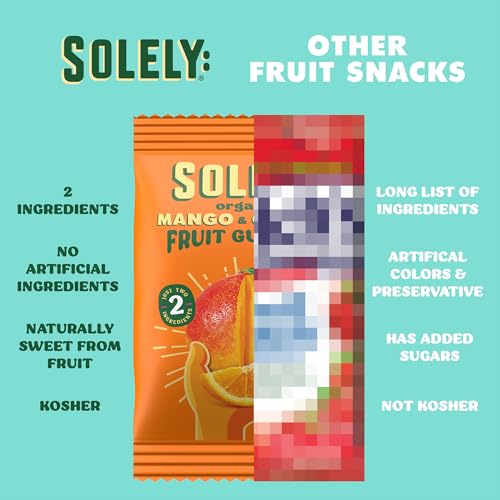 Image of SOLELY - Organic Mango & Orange Whole Fruit Gummies (Pack of 6 Boxes, 5 Bags per Box) - School Snacks - Healthy Snacks for Adults & Kids - Non GMO, Vegan Snacks, Shelf Stable - 30 Bags (3.5 oz)
