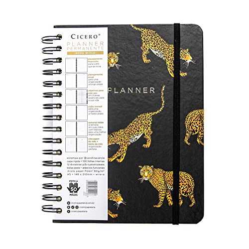 Cicero Planner Permanente Wire-o Onças Semanal Notas A5 Preto, Colorido, 9016