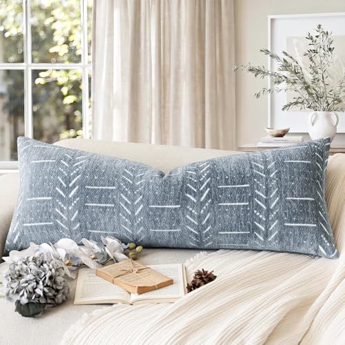 Image of Foindtower Set of 1 Decorative Cozy Chenille Jacquard Throw Pillow Cover Textured Farmhouse Body Cushion Covers Neutral Boho Accent Home Decor for Sofa Chair Couch Bedroom Living Room,14x36 Inch,Blue