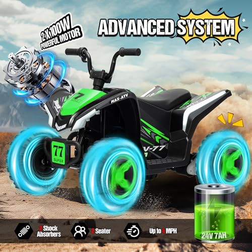 Image of Kids ATV 4 Wheeler, Two Seater 24V Ride On Toy for Big Kid w /Unique LED Light, Music, Wireless, Story, 24 Volt Ride on Car Electric Quad for Boys Girls (Green)