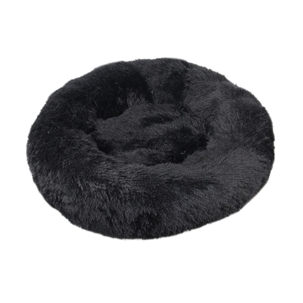 Lit apaisant pour chien et chat au salon : panier rond en fausse fourrure noire BaronHong