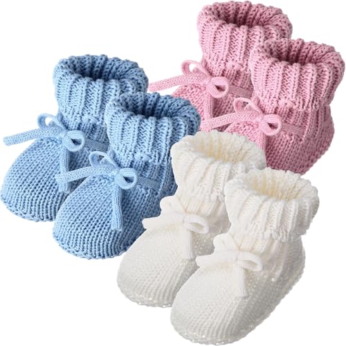 Image of Evervibe 3 Pairs Knitted Baby Booties 0-6 Months Newborn Baby Shoes First Walkers Cozy Shoes for Infant Girl Boy