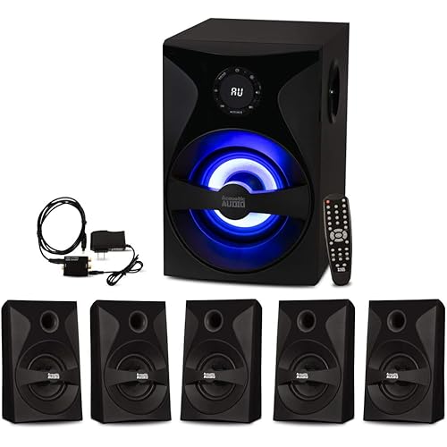 Goldwood Bluetooth 5.1 Surround Sound Home Theater Speaker System with LED Display, FM Tuner, USB/SD Inputs - 6-Piece Set with Remote Control, Black